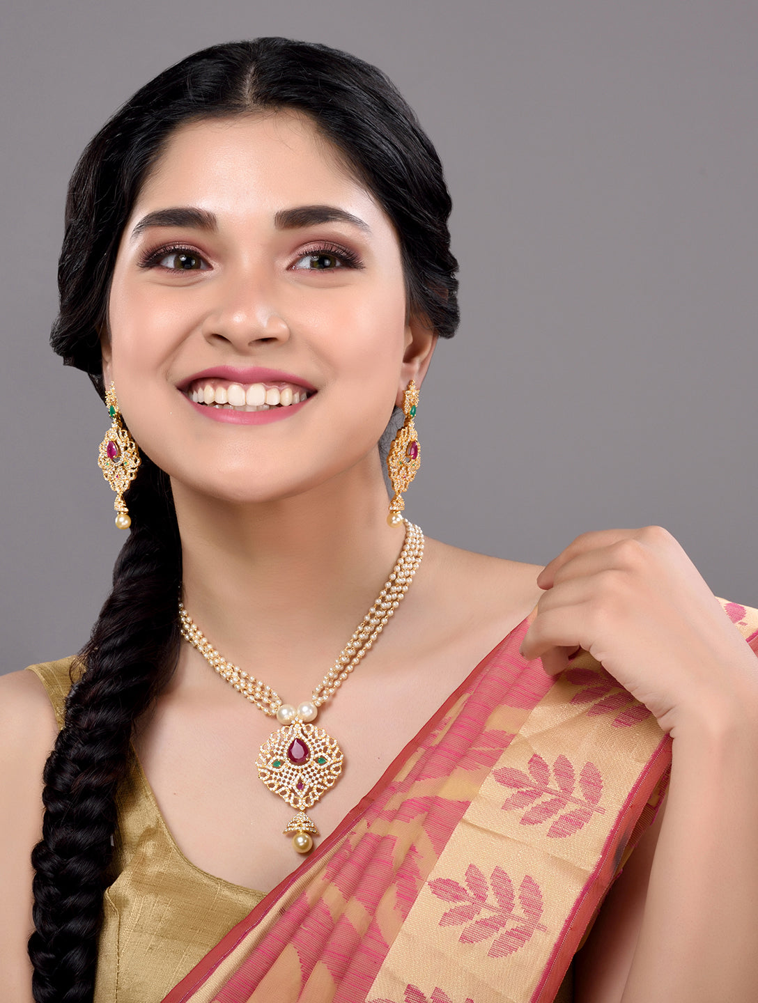 Gold Plated AD and Pearl Studded Traditional Pendant White Pearl Mala and Earrings
